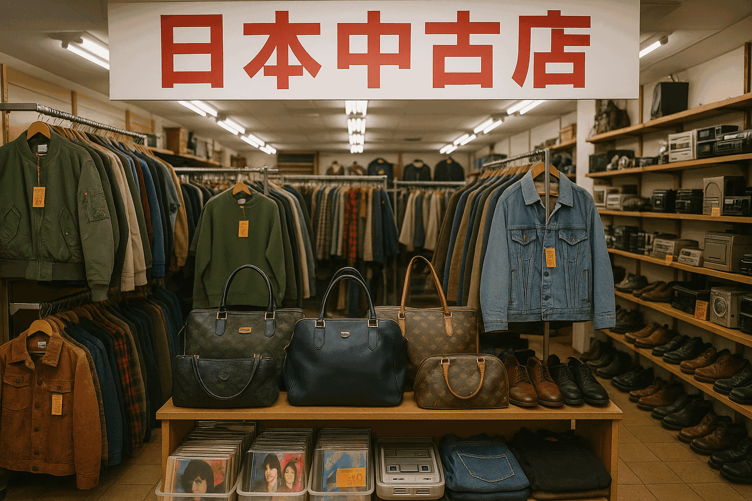 日本中古店内部，展示日潮品牌二手衣物