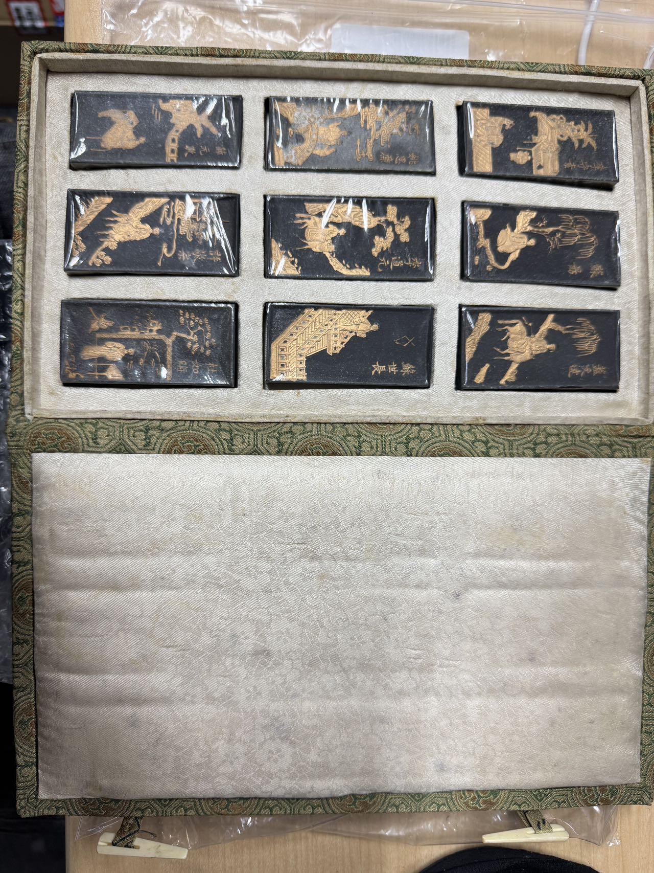 日本蒔绘长条墨板与小型墨条实拍，山水人物题材