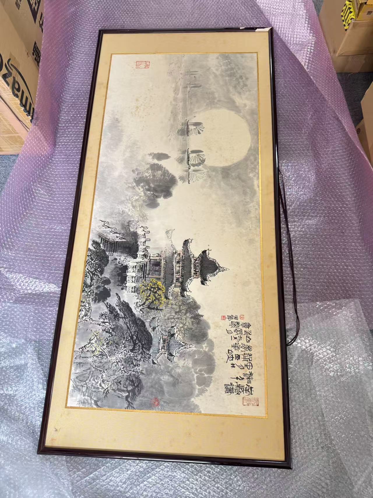 日本代拍水墨山水画装框实物图