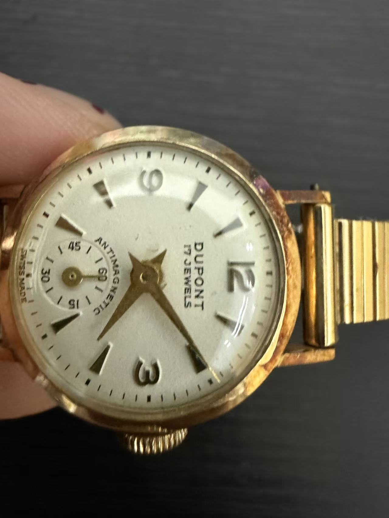 DUFONT 17 JEWELS复古机械腕表实拍，日本代拍中古手表开箱展示，金色表壳小秒盘设计